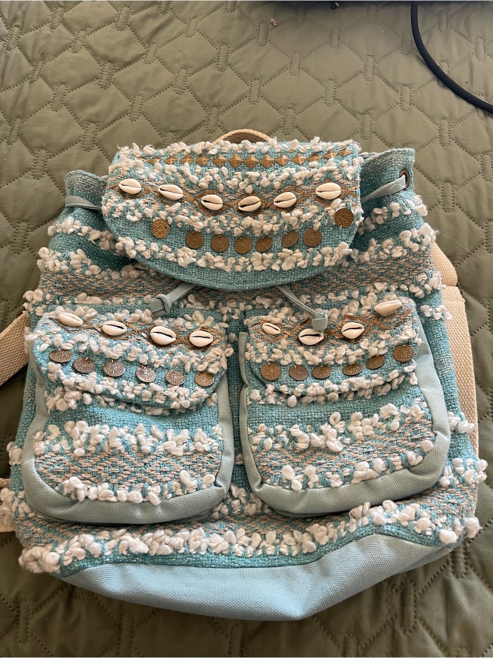 Bohemian Seafoam Crochet Backpack with Shell & Coin Accents